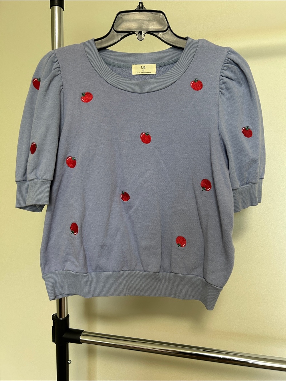 Anthropologie Lavender Puff-Sleeve Top with Red Apple Embroidery